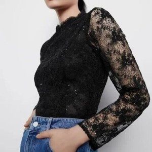 ZARA Mesh Embroidered Sequin Floral Lace Sheer Long Sleeve Top Black Size M
